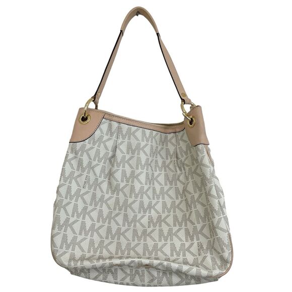 Michael Kors Jet Set Monogram Shoulder Bag Pleated White Tan Signature MK Logo - Picture 6 of 13